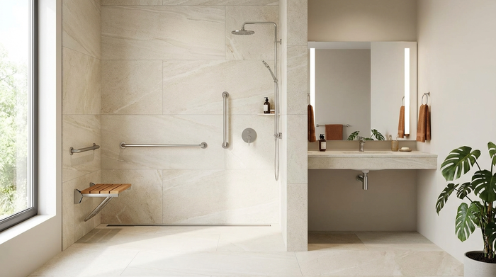Ein modernes, barrierefreies Badezimmer mit einer bodengleichen Dusche. Helle, rutschfeste Fliesen, elegante Edelstahl-Haltegriffe an der Wand und ein klappbarer Duschsitz. Das Design ist stilvoll, sicher und einladend.