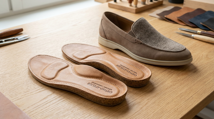 Nahaufnahme von hochwertigen, maßgefertigten orthopädischen Einlagen aus weichem Leder und Kork, die neben einem bequemen, modernen Halbschuh auf einem hellen Holztisch liegen. Fotorealistisch, weiches Licht, saubere Umgebung.