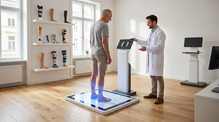 Ein moderner, sauberer Raum in einem Sanitätshaus. Ein älterer Herr steht barfuß auf einer beleuchteten, digitalen 3D-Scanner-Plattform am Boden. Ein freundlicher Orthopädietechniker in weißem Kittel steht daneben. Helle, professionelle Atmosphäre, fotorealistisch.