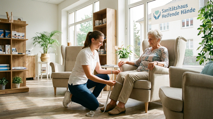 Eine freundliche Fachverkäuferin im Sanitätshaus misst behutsam mit einem flexiblen Maßband das Bein einer älteren Dame. Helle, einladende Umgebung mit bequemen Sitzmöbeln, vertrauensvolle Stimmung, fotorealistisch.