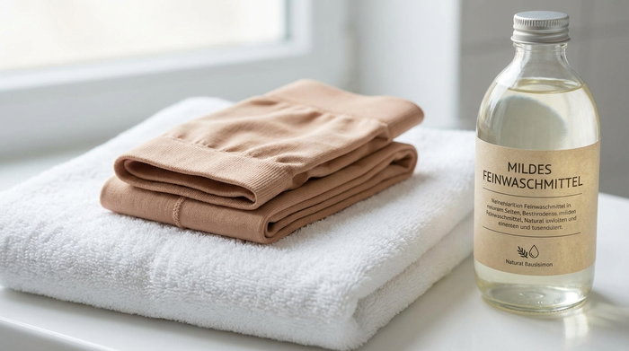 Nahaufnahme von sauberen, hautfarbenen Kompressionsstrümpfen, die ordentlich gefaltet auf einem frischen, weißen Handtuch liegen. Daneben steht eine Flasche mildes Feinwaschmittel. Sanftes Badezimmerlicht, fotorealistisch und rein.