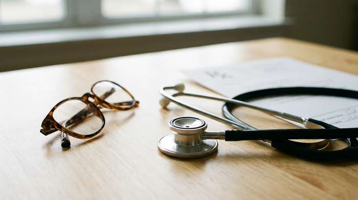 Eine ärztliche Verordnung liegt auf einem hellen Holztisch neben einem Stethoskop und einer Lesebrille. Das Papier ist unscharf im Hintergrund, während der Fokus auf den medizinischen Instrumenten liegt, die eine professionelle Diagnose symbolisieren.