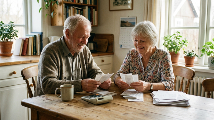 Ein älteres Ehepaar sitzt gemeinsam am Küchentisch und sortiert in ruhiger, entspannter Stimmung verschiedene Belege. Neben ihnen steht eine Kaffeetasse und ein Taschenrechner. Die Szene wirkt organisiert und friedlich.