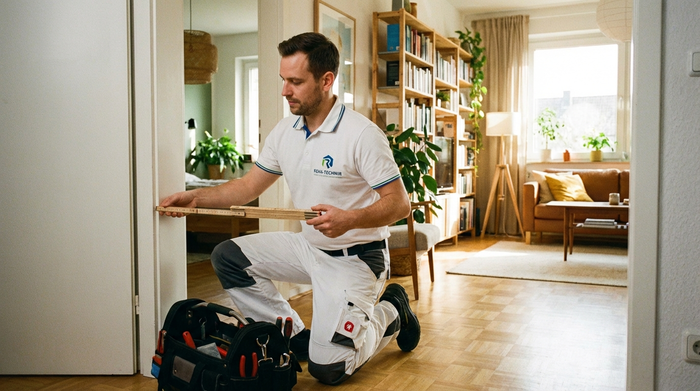 Ein professioneller Reha-Techniker in gepflegter Arbeitskleidung kniet im Flur einer gemütlichen Wohnung und misst mit einem Zollstock sorgfältig die Breite eines Türrahmens. Im Hintergrund ist ein heller Wohnbereich zu erkennen.