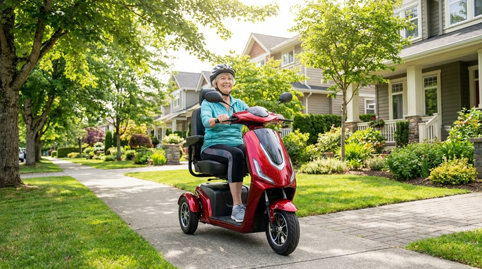 Eine rüstige Seniorin fährt mit einem modernen Elektromobil sicher auf einem gepflasterten Gehweg an einem sonnigen Tag. Im Hintergrund sind grüne Bäume und gepflegte Wohnhäuser zu sehen.
