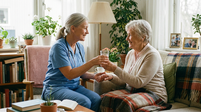 Eine fürsorgliche Altenpflegerin reicht einer älteren Dame ein Glas Wasser in einem gemütlichen Wohnzimmer. Beide lächeln sich an. Helle, freundliche Umgebung ohne sichtbaren Text.