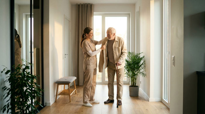 Eine Pflegekraft hilft einem Senior behutsam beim Anziehen einer leichten Jacke im Flur einer modernen Wohnung. Sanftes Licht, respektvoller Umgang, sauberes und ruhiges Setting.