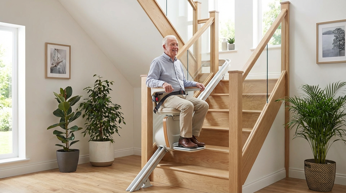 Ein moderner, unauffälliger Treppenlift in einem gepflegten, hellen Treppenhaus eines Einfamilienhauses. Ein Senior sitzt sicher darauf und fährt lächelnd nach oben.