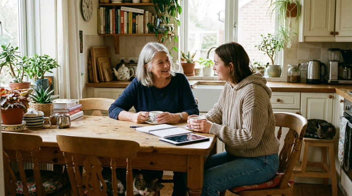 Zwei Frauen sitzen bei einer Tasse Tee am Küchentisch und besprechen entspannt die Pflegeorganisation. Die jüngere Frau trägt legere Kleidung. Vertrauensvolles Gespräch in gemütlicher häuslicher Umgebung.