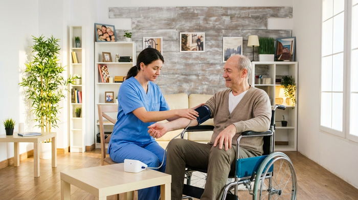 Eine professionelle Pflegekraft misst sanft den Blutdruck eines älteren Herrn im Rollstuhl in einem hellen, aufgeräumten Wohnzimmer. Der Senior lächelt entspannt.