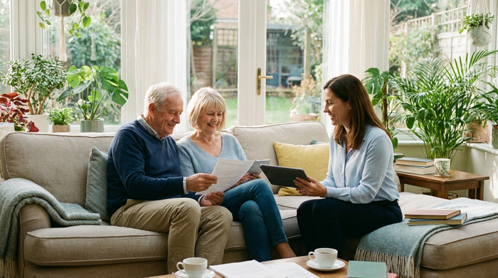 Ein älteres Ehepaar sitzt gemeinsam mit einer freundlichen Beraterin auf einem Sofa und betrachtet entspannt einige Dokumente. Helle, freundliche Umgebung, positive und beruhigende Stimmung.