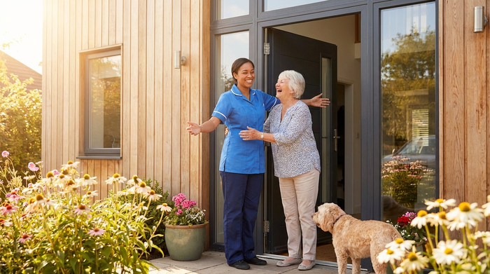 Eine lächelnde Pflegekraft steht an der geöffneten Haustür eines modernen Einfamilienhauses und begrüßt herzlich eine ältere Dame. Sonniges Wetter, einladende und freundliche Szene.