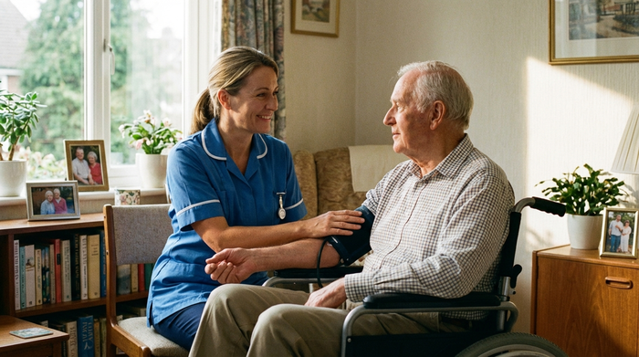 Eine examinierte Pflegekraft misst sanft den Blutdruck eines älteren Herrn im Rollstuhl in seinem Wohnzimmer. Die Szene wirkt ruhig, professionell und vertrauensvoll.