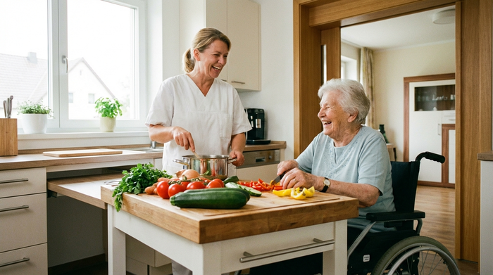 Eine herzliche Betreuungskraft und eine ältere Dame kochen gemeinsam in einer sauberen, barrierefreien Küche. Frisches Gemüse liegt auf dem Holzbrett, beide lachen entspannt.