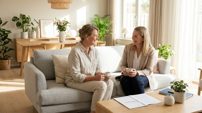 Zwei Frauen, eine Angehörige und eine Pflegeberaterin, sitzen mit einer Kaffeetasse auf einem modernen Sofa und besprechen entspannt die Pflegesituation. Harmonische, helle Atmosphäre.