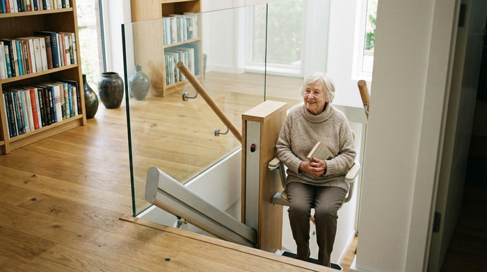 Ein moderner, unauffälliger Treppenlift in einem gepflegten Einfamilienhaus. Eine ältere Dame fährt sicher und mit einem zufriedenen Lächeln die Treppe hinauf.