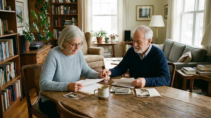 Ein älteres Ehepaar sitzt gemeinsam an einem Holztisch im Wohnzimmer und betrachtet nachdenklich, aber ruhig einige Dokumente. Eine Tasse Kaffee steht auf dem Tisch. Gemütliche, aufgeräumte häusliche Umgebung, realistische Fotografie ohne Text.