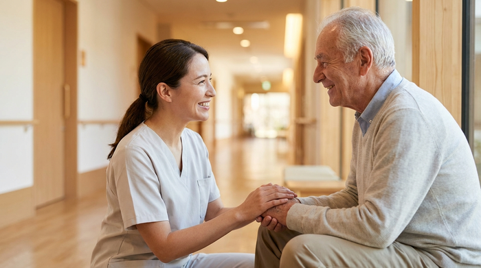 Eine einfühlsame Pflegekraft in heller Berufskleidung hält sanft die Hände eines älteren Herrn. Beide lächeln sich freundlich an. Im Hintergrund ein unscharfer, heller Flur einer modernen Pflegeeinrichtung, warme Beleuchtung, realistische Fotografie.