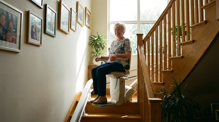 Eine rüstige Seniorin nutzt einen modernen Treppenlift in einem gepflegten Einfamilienhaus. Sie lächelt entspannt, während sie sicher die Holztreppe hinauffährt. Helles Treppenhaus, realistische Szene ohne Text.