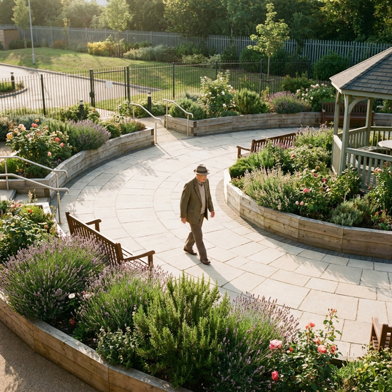 Ein sicherer und idyllischer Demenzgarten mit einem gepflasterten, kreisförmigen Rundweg. Bunte, duftende Hochbeete mit Lavendel und Rosmarin säumen den Weg. Ein älterer Herr spaziert friedlich im warmen Nachmittagslicht. Realistisch und einladend, ohne Text.