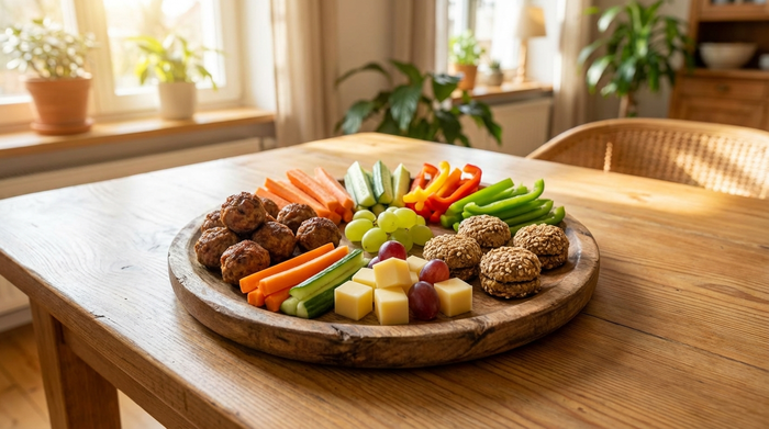 Ein ansprechend angerichteter Teller mit buntem Fingerfood für Senioren. Kleine Frikadellen, Gemüsesticks und Käsewürfel liegen appetitlich auf einem Holztisch in einer hellen Umgebung. Fokus auf gesunde, gut greifbare Nahrung. Realistisch, ohne Text.