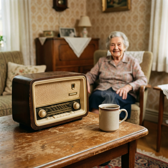 Ein altes, nostalgisches Röhrenradio steht auf einem Holztisch neben einer frisch dampfenden Tasse Filterkaffee. Im Hintergrund sitzt eine ältere Dame entspannt in einem Sessel. Fokus auf Milieutherapie im 50er-Jahre-Stil. Ohne Text.