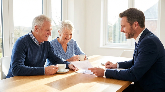 Ein älteres Ehepaar sitzt gemeinsam mit einem freundlichen Berater an einem hellen Holztisch. Sie schauen entspannt auf einige Dokumente, während sie bei einer Tasse Kaffee die Pflegefinanzierung besprechen. Professionelle und vertrauensvolle Atmosphäre, ohne lesbaren Text.