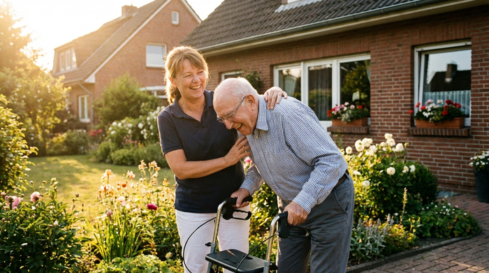 Eine liebevolle Betreuungskraft hilft einem älteren Herrn mit Rollator bei einem Spaziergang im eigenen, sonnigen Garten. Beide lachen herzlich miteinander. Im Hintergrund ist ein gepflegtes Einfamilienhaus zu sehen. Realistisch, warmes Licht, ohne Text.