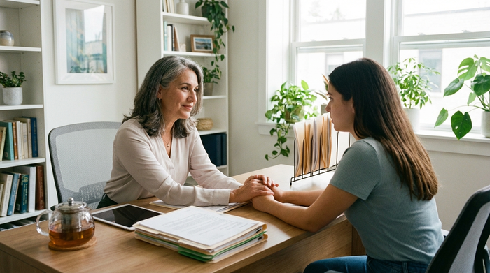 Ein empathisches Beratungsgespräch in einem hellen Büro. Eine Beraterin mittleren Alters spricht freundlich mit einer besorgten Tochter. Auf dem Tisch liegen übersichtlich sortierte Dokumente. Ruhige, professionelle und vertrauensvolle Umgebung.