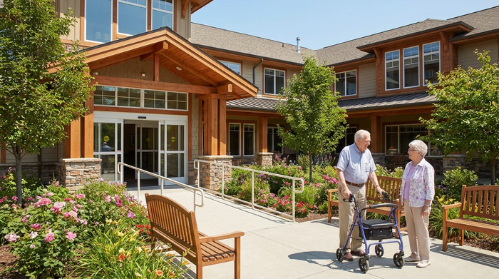 Eine gepflegte Seniorenanlage von außen mit einem barrierefreien Eingangsbereich. Ein älterer Herr mit Rollator unterhält sich freundlich mit einer anderen Bewohnerin im sonnigen Innenhof. Viel Grün und einladende Architektur ohne Beschriftungen.