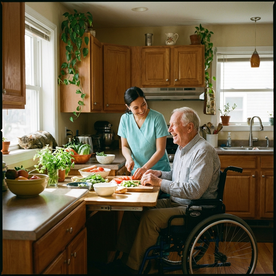 Eine fürsorgliche Betreuungskraft kocht gemeinsam mit einem lächelnden Senior in einer gemütlichen, barrierefreien Küche. Frisches Gemüse liegt auf der Arbeitsfläche. Harmonische und häusliche Atmosphäre.