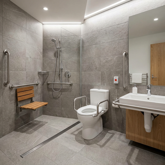 Ein modernes, barrierefreies Badezimmer mit einer bodengleichen Dusche, rutschfesten Fliesen und stabilen Haltegriffen. Sauber, hell beleuchtet und sicher gestaltet für Senioren.