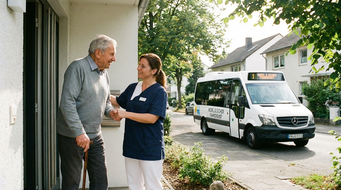 Ein älterer Herr mit grauem Haar wird von einer lächelnden Pflegekraft an der Haustür abgeholt. Im Hintergrund steht ein moderner, weißer Kleinbus des Fahrdienstes in einer ruhigen Wohnstraße mit grünen Bäumen. Die Szene wirkt sicher und vertrauenserweckend.