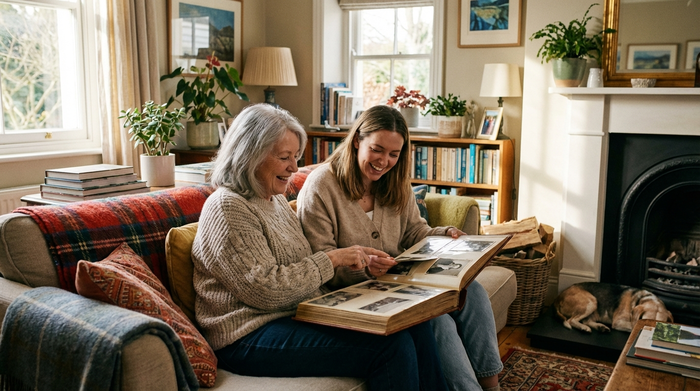 Eine entspannte Tochter sitzt mit ihrer älteren Mutter auf einem gemütlichen Sofa im heimischen Wohnzimmer. Beide lächeln glücklich und wirken völlig sorgenfrei, während sie gemeinsam in einem Fotoalbum blättern.