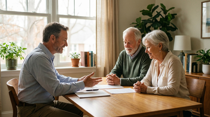 Ein einfühlsamer Berater sitzt mit einem älteren Ehepaar an einem aufgeräumten Holztisch. Er erklärt ihnen freundlich und geduldig verschiedene Möglichkeiten, während die Senioren erleichtert nicken. Helles Tageslicht fällt durch das Fenster.