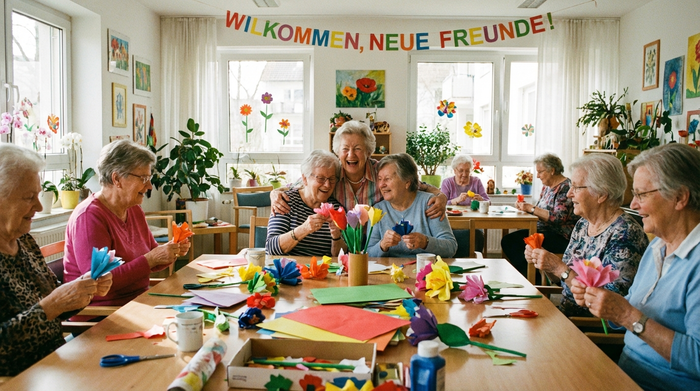 Eine Seniorin lernt an einem sonnigen Nachmittag in der Tagespflege neue Freunde kennen. Sie basteln gemeinsam an einem großen Holztisch mit bunten Papierblumen. Die Stimmung ist kreativ, lebhaft und sehr fröhlich.
