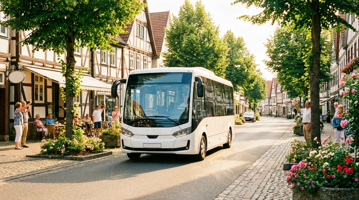 Ein moderner, weißer Kleinbus fährt durch eine sonnige, saubere Straße in einer typischen deutschen Kleinstadt. Grüne Bäume säumen den Weg, freundliche Atmosphäre, keine lesbaren Kennzeichen oder Texte.