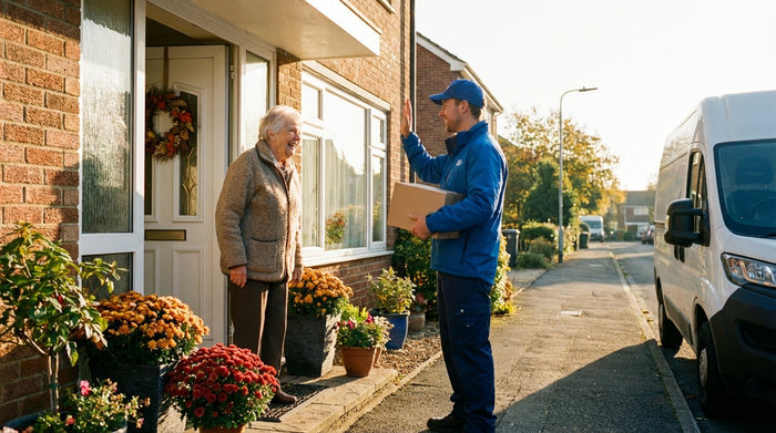 Eine ältere Dame mit warmer Jacke steht lächelnd an ihrer Haustür und wird von einem in Blau gekleideten Fahrer freundlich begrüßt. Morgenlicht, gepflegter Eingangsbereich, positive Ausstrahlung.
