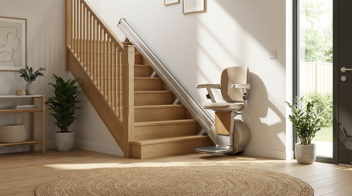 Ein eleganter, moderner Treppenlift an einer geraden Holztreppe in einem hellen, aufgeräumten Flur eines Einfamilienhauses. Sonnenlicht fällt durch ein Fenster, wohnliche und sichere Atmosphäre.