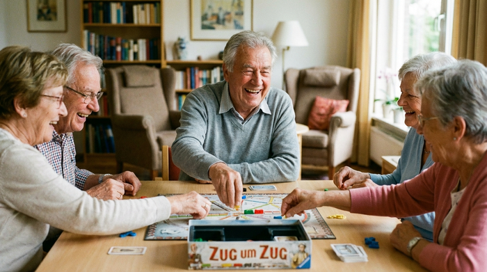 Ein fröhlicher älterer Herr mit grauem Haar spielt gemeinsam mit anderen Senioren an einem hellen Holztisch ein Brettspiel. Lachende Gesichter, verschwommener Hintergrund mit gemütlicher Einrichtung.