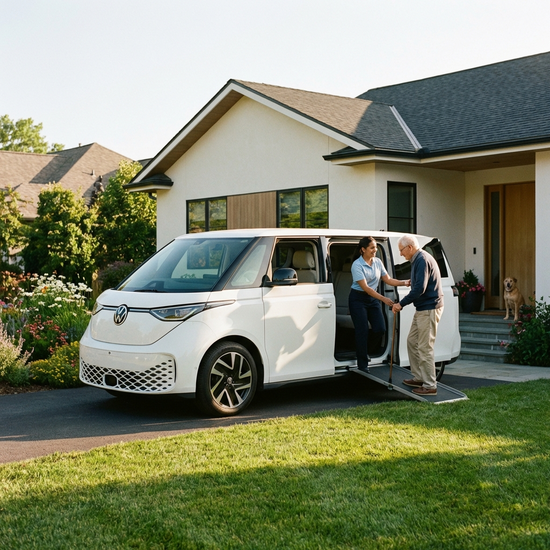 Ein moderner, weißer Kleinbus steht vor einem gepflegten Haus mit Vorgarten an einem sonnigen Morgen. Ein freundlicher Fahrer hilft einem Senior sanft beim Einsteigen.