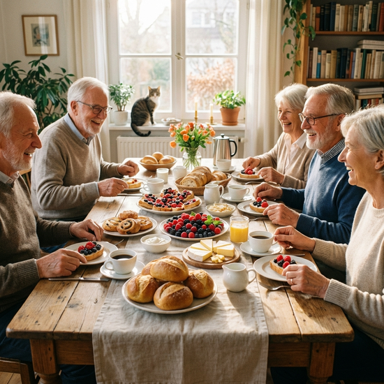 Ein reichhaltig gedeckter Frühstückstisch mit frischen Brötchen, Obst und Kaffeetassen. Mehrere Hände von Senioren greifen nach dem Essen, warme und einladende morgendliche Stimmung.