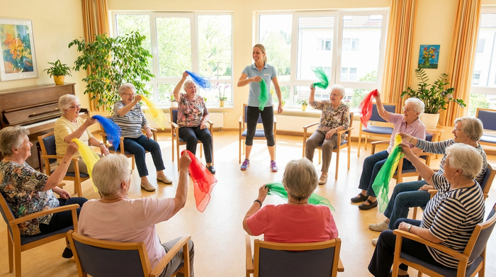 Eine Gruppe von Senioren sitzt im Kreis und macht leichte Gymnastikübungen mit bunten Tüchern. Eine motivierende Trainerin macht die Bewegungen vor. Helles, freundliches Zimmer.