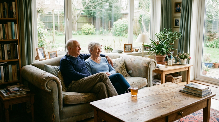 Ein älteres Ehepaar sitzt entspannt auf einem Sofa und schaut zufrieden aus dem Fenster. Eine Tasse Tee steht auf dem Holztisch. Friedliche, sorgenfreie Atmosphäre im eigenen Wohnzimmer.