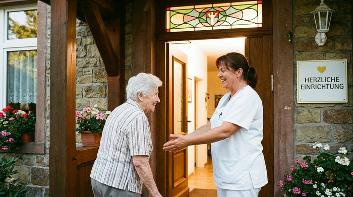 Eine ältere Frau wird an der Eingangstür einer freundlichen Einrichtung von einer lächelnden Pflegerin herzlich begrüßt. Warmer Lichteinfall, einladende Geste.