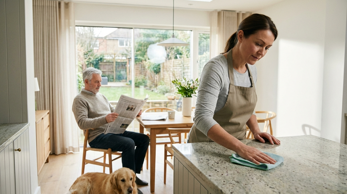 Eine professionelle Haushaltshilfe wischt mit einem sauberen Tuch sorgfältig die Arbeitsfläche in einer modernen, hellen Küche ab, während ein älterer Herr im Hintergrund entspannt am Esstisch Zeitung liest. Realistische, alltägliche Szene mit klarem Fokus auf Entlastung.