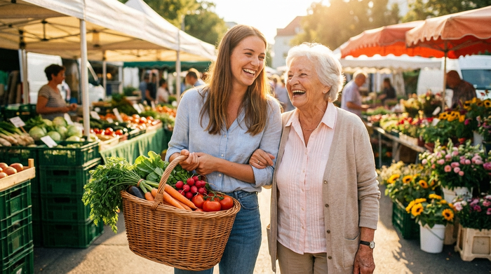 Eine jüngere Alltagsbegleiterin und eine Seniorin spazieren gemeinsam über einen sonnigen Wochenmarkt. Die Begleiterin trägt einen gut gefüllten Einkaufskorb mit frischem Gemüse. Beide unterhalten sich fröhlich. Warme Atmosphäre, Fokus auf Begleitung und Lebensqualität.