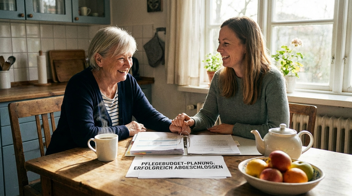 Eine ältere Dame sitzt mit ihrer Tochter am Küchentisch und schaut zufrieden auf übersichtliche Dokumente. Eine Tasse Kaffee steht auf dem Tisch. Die Szene symbolisiert die erfolgreiche Planung und das entspannte Management des Pflegebudgets.