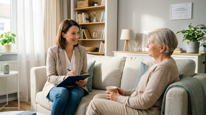 Eine freundliche Beraterin sitzt einer Seniorin auf dem Sofa gegenüber, macht sich Notizen auf einem Klemmbrett und lächelt empathisch. Helle, aufgeräumte Wohnzimmer-Atmosphäre, die professionelle Beratung und Vertrauensaufbau vermittelt.