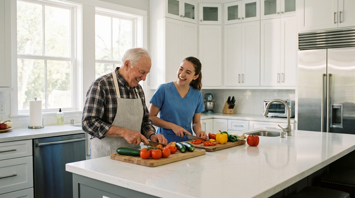 Ein älterer Herr und eine jüngere Betreuerin kochen gemeinsam in einer modernen, sauberen Küche. Sie schneiden frisches Gemüse und lachen.
